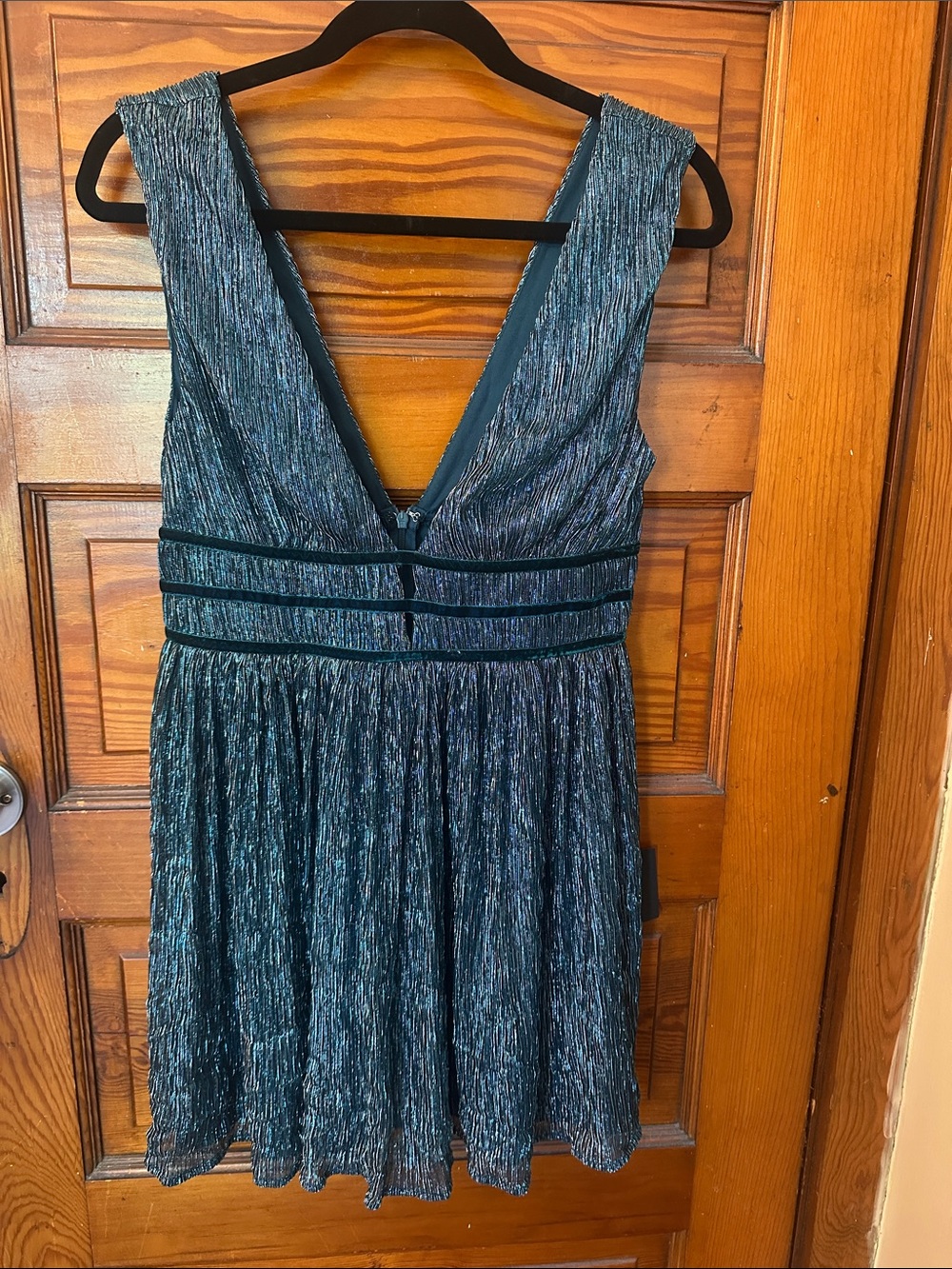 Lulu's Deep Teal Pleated V-Neck Mini Dress